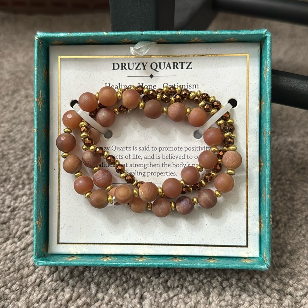 Shivam Druzy Quartz Brown Gemstone Beaded Stretch Bracelet Brass Accents